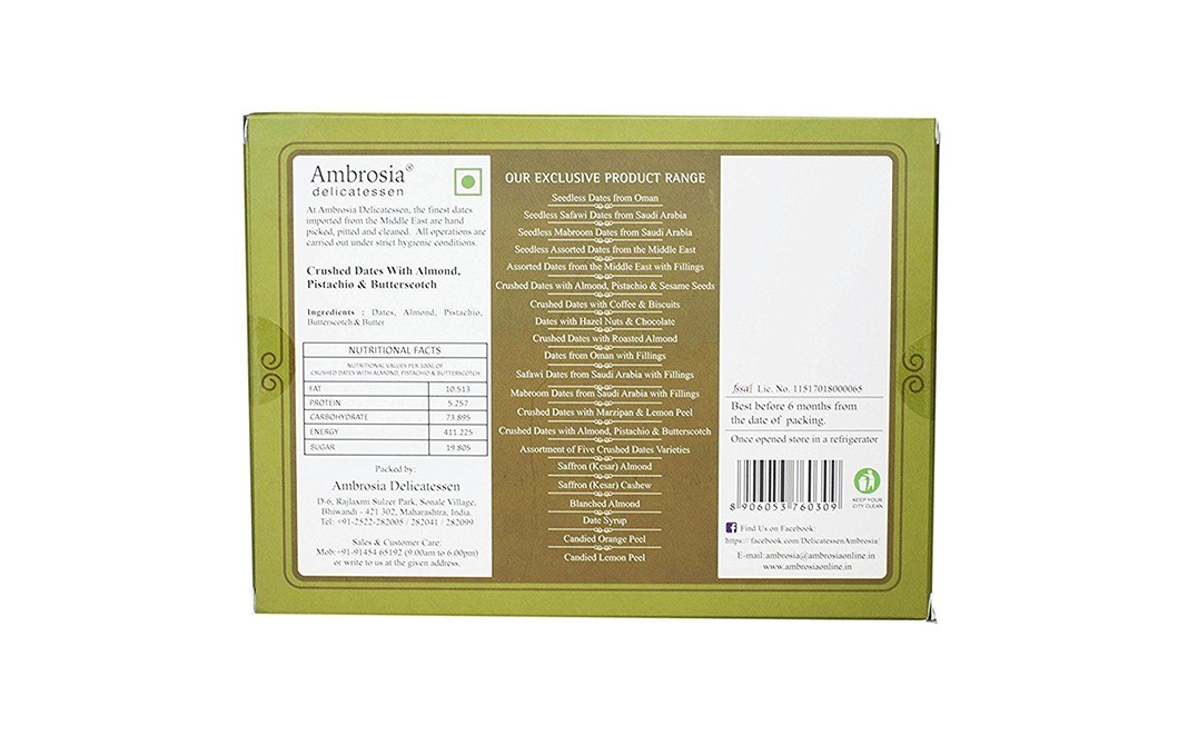 Ambrosia Delicatessen Crushed Dates With Almond, Pistachio & Butterscotch   Box  250 grams